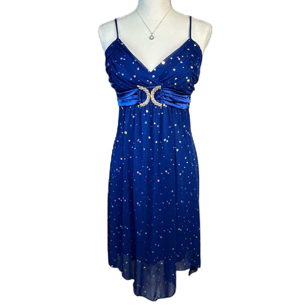 Vintage Y2K Deb Babydoll Dress XL Rhinestone Empire Waist Blue Formal Glam USA